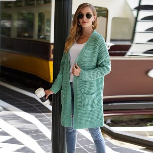 Cardigan Sweaters Women Autumn Winter Pockets Long Sleeve Mid-length Coat 2021 Solid Color Knitted Wool Ladies Knit Cardigans