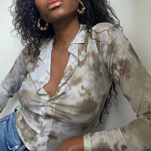 Womens Sexy Printed Crop Tops Bohemian Y2K See Through Long Sleeve Female T Shirts 2021 Summer Single Breasted Women t shirt