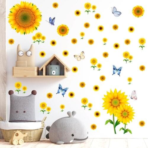 3D Sunflowers Wall Stickers Home Decoration for Living Room Kids Room Bedroom Wall Decal Murals Colorful Butterflies Wallpaper