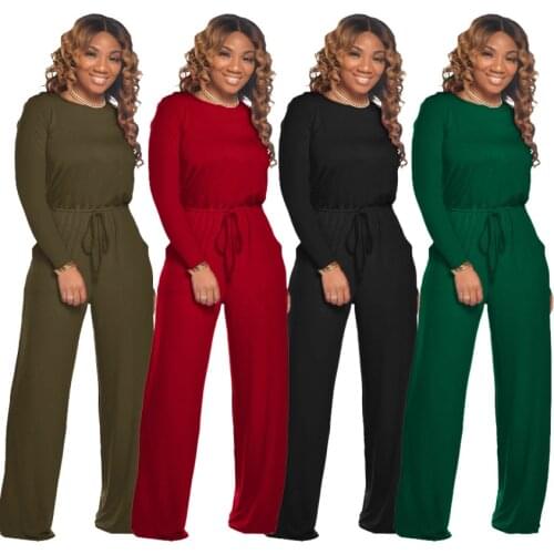 4 Colors Women Loose Jumpsuits Long Sleeve Round Neck High Waist Sashes Wide-leg Casual Jumpsuits Lace Up Straight Jumpsuits