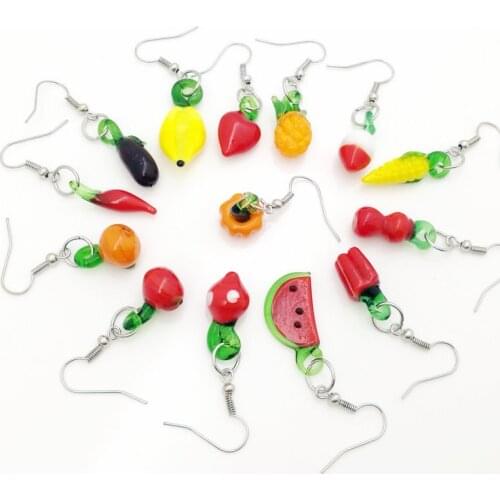 5Pairs Creative Colorful Variety Of Fruits and Vegetables Murano Glass Pendant Strawberry Grape Cherry Fruit Earrings For Women