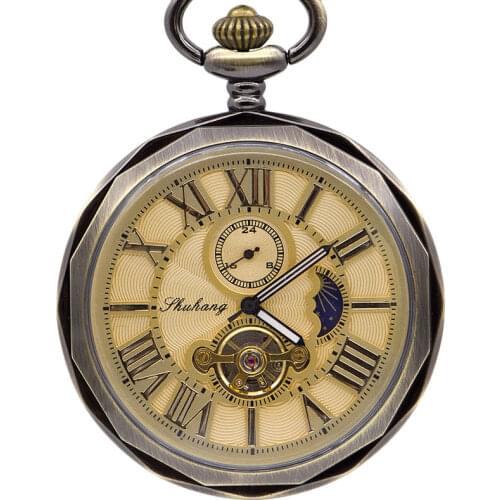 5pcs Luxury Skeleton Steampunk Men Mechanical Hand Winding Chain Necklace Women Pocket Watch Round Antique Watch Drop Shipping