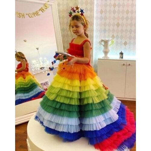 Girls Birthday Tiered Rainbow Dresses Princess Girls Celebration Dresses Ball Gowns Colorful Pageant Photography Props Dresses
