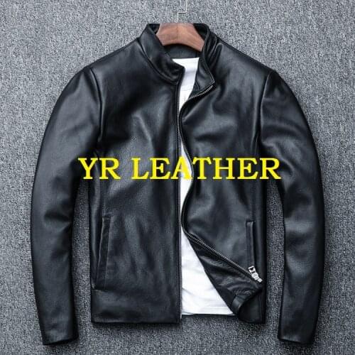 YR!Free shipping.Wholesales.Brand New biker style genuine leather jacket for man.cowhide coat.black slim motor clothes