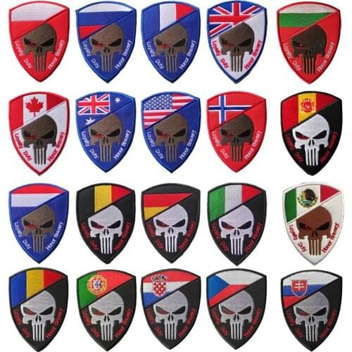 T-N Skull Military Velcro Patches Wars 3D Embroidered National Portugal Poland Spain Flag Stickers Tactical Patch Soldier Badges