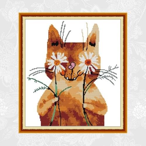 Joy sunday Shy cat Printed Cross-stitch,DIY handmade Cross Stitch kits,Needlework Embroidery Thread Sets, Home Decoration