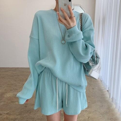 Korea Chic Age-reducing Candy Color Round Neck Loose Long-sleeved Sweater + High-waist Wide-leg Casual Shorts Sports Suit