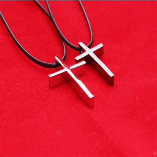 Leather Chain Immanuel Cross Necklace Men Black And Steel Color Religious Pendant Necklace Statement Necklace Women