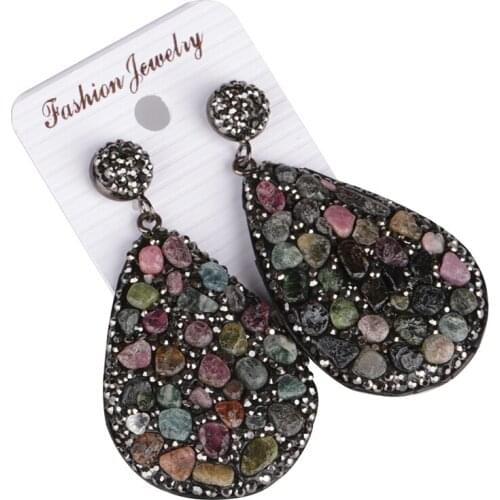 Colorful Tourmalated Quartz Crystal Stone Bead Black Rhinestone Big Water Drop Leather Pendant Charm Dangle Earring For Women