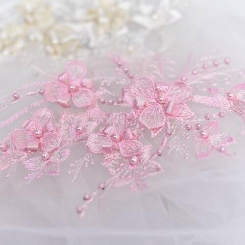 1PC 3D Beaded Lace Applique Embroidered Flower Lace Trim For Decorate Wedding Dress Veil Garment Accessories