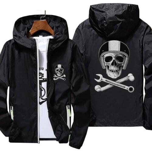 Women Men Motorcycle With Skull Helmet Wrench Biker Cafe Racer Skull Casual Windbreaker Sports Pilot Skin Hooded Jacket 6XL 7XL