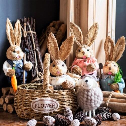 Retro Cute Straw Rabbit Ornament Wearing Clothes Hare Home Desk Table Garden Balcony Decoration Wedding Adornment Bunny Gifts