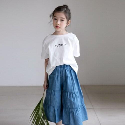 Fashion Teen Kids Girls Clothes Sets Short Sleeve Tops Wide Leg Pants Summer Outfits Child Loose Jeans and White T-Shirt 2Pcs