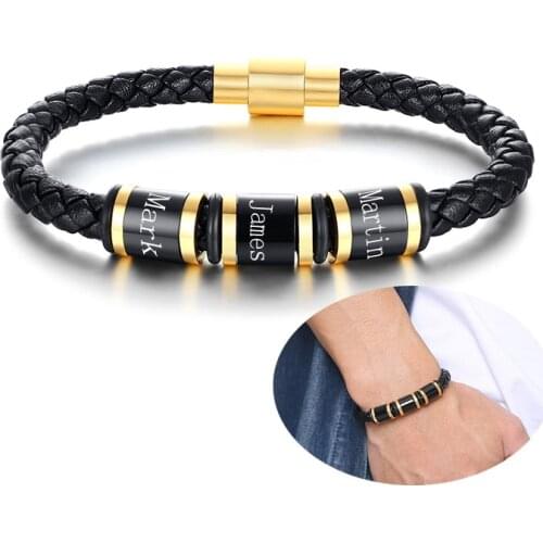 Personalized Custom Name Beaded Bracelets Engrave Stainless Steel Bead Leather Rope Braided Bangle Men Charms Jewelry Gift