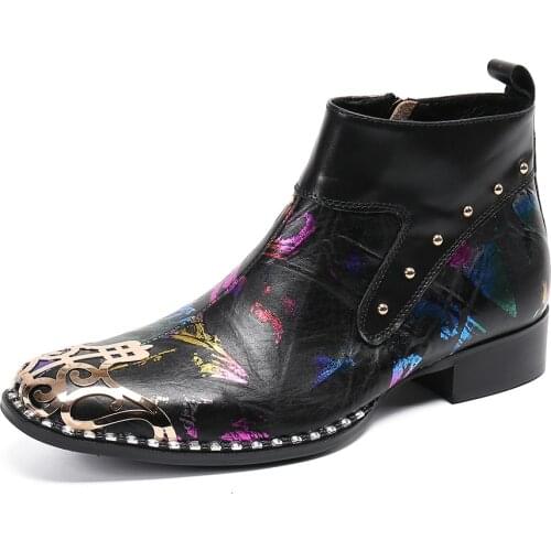 Winter Casual New Mens Classic Fashion Shoes Personality Graffiti Cowhide Leather Rivets Retro Plus Velvet Mens Boots