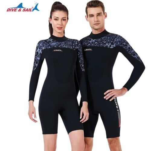Mens Womens Shorty Wetsuit 3mm Neoprene, Long Sleeve Short Legs Back Zip Printed Wet Suit for Scuba Diving Surfing Snorkeling