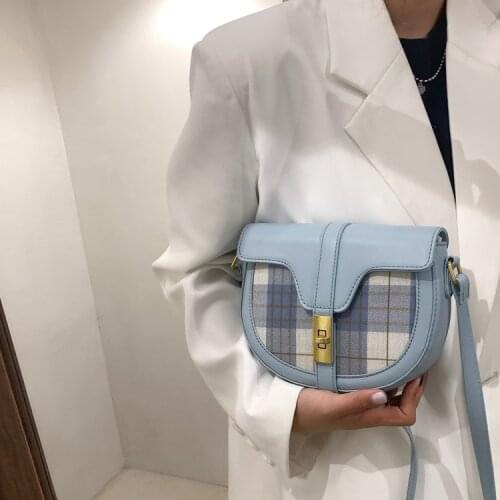 2021 Ladies New Contrasting Color Plaid Saddle Bag Summer PU Leather Simple Crossbody Bag Lady Cute Small Purses Bag