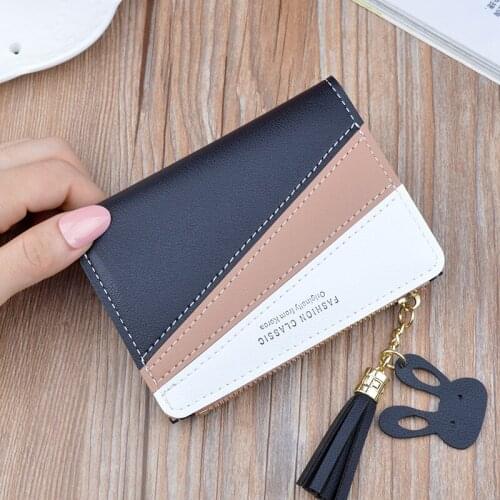 New Women Wallet Short Ms. Zipper Coin Purse Female Student Korean Stitching Hit Tassel Wild Purse Card Holder Small Wallet