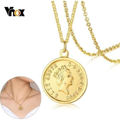 Vnox British Queen Elizabeth Coin Necklaces for Women Gold Tone Stainless Steel Adjustable Length Chic Necklace Dropship