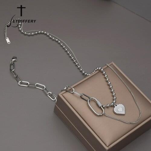 Letdiffery Fashion Multilayer Hiphop Pearl Heart Pendant Necklace U Shaped Link Choker For Women Stainless Steel Jewelry Gifts