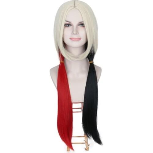 Long Straight Red Black Suicide Harley Hair Quinn Cosplay 2021 Movice Women Girls Hallowee Costume Wigs