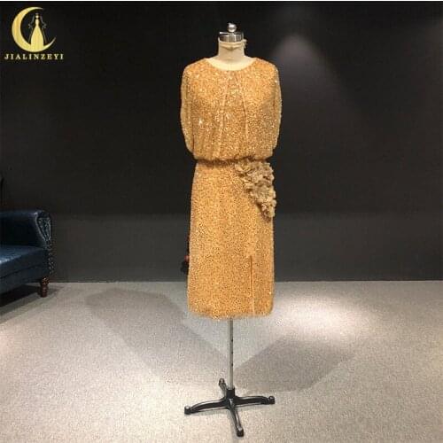 Rhine real Pictures Luxurious Brown Elie saab Full Beaded Crystal with Flowers Knee Length arabic evening dresses long