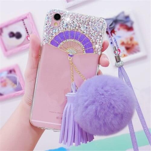 Fan Luxury Glitter Bling Rhinestone Phone Case Soft Tassels Fur Ball Back Cover For Iphone 12 11 Pro Max X XS MAX XR 6 7 8 PLUS