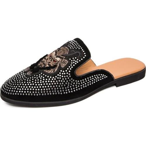 Black Rhinestone Men Dress Shoes Velvet Crystal Luxury Moccasins Mens Loafers Office Business Zapatos Hombre Wedding Slippers