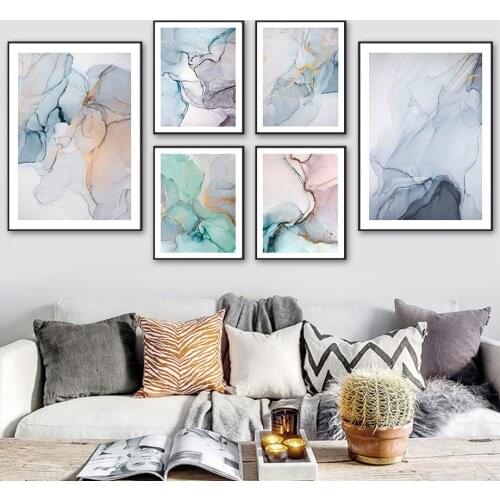 Green Grey Fluid Art Marble Texture Line Wall Art Canvas Painting Nordic Posters And Prints Wall Pictures For Living Room Decor
