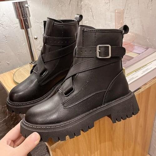 2021 Women Autumn Winter Martin Boots Ankle Short Boots Female Round Toe Flats Buckle Strap Shoes For Ladies Fashion Flats Shoes