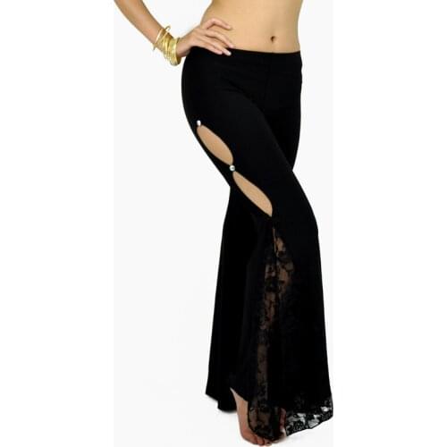 Women Belly Dance pants lady Side slit lace practice senior crystal cotton bellydance Long Flared Trouser Professional dancewear