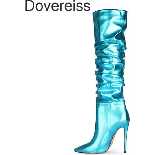 Winter Woman New Fashion Sexy Consice Pure Color Blue Silver Pointed Toe Stilettos Heels Zipper Knee High Boots Big Size 46 47