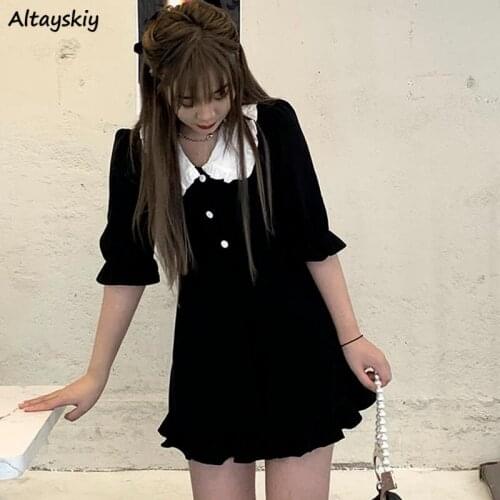 Dresses Women Flare Sleeve Patchwork French Retro Mini Stylish Peter Pan Collar High Waist Vestidos Ladies Elegant Korean Style