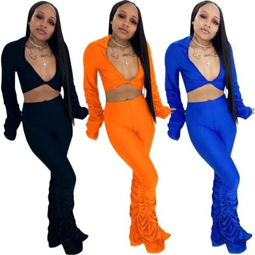 81Y8040 Autumn Winter Women Casual Sexy Deep V-neck Navel Pleated Two Piece Set Top and Pants Tracksuit Sweatsuit Outfits