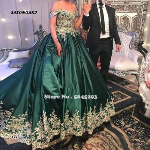 2020 India Green Satin Ball Gown Wedding Dress Gold Lace Appliqued Beaded Bridal Vestido De Novia Mariage Undefined Online Shop