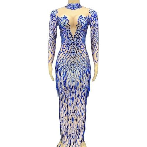 Shining Diamonds Royal Blue Hook Flower Hollow Women Dress Ankle-Length V-Neck Sknny Long Sleeves Spandex Dress Nightclub Wear