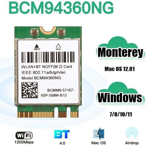 Hackintosh MacOS BCM94360NG 1200Mbps Dual Band 2.4G/5Ghz NGFF M.2 WiFi Card BCM94352Z Bluetooth 4.0 802.11AC WLAN Adapter DW1560