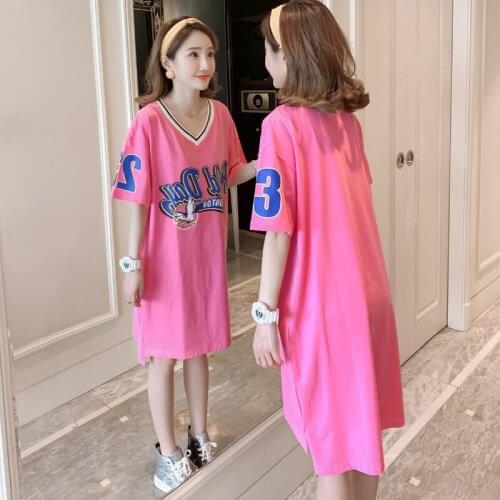 #2330 Summer Streetwear Cotton T-shirts Dresses Ladies Pink Letter Printed Short Sleeve V-neck Tee Shirt Dress Girl Side Split