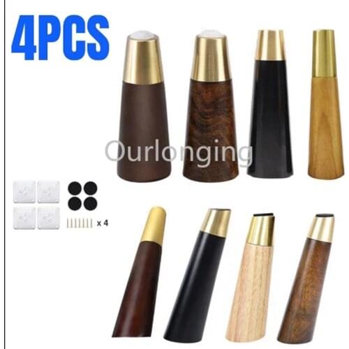 4PCS Natural Wood Furniture Legs Solid Rubber Wood Table Cabinet Feet Legs Iron Plate Screws