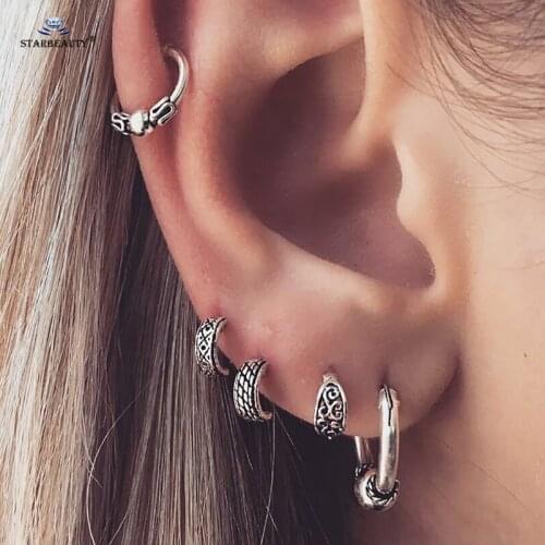 5 pcs/lot Hot Carved Barrel Hoop Ear Piercing Helix Piercing Tragus Cartilage Earrings Set Fake Nose Ring Septum Pircing Jewelry