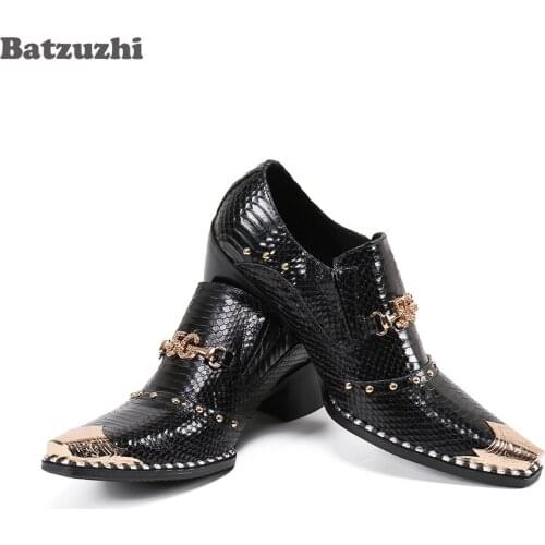 Batzuzhi Luxury Handmade Black Genuine Leather Dress Shoes Men Pointed Metal Toe Mens Leather Shoes Business 6.5cm High Heels