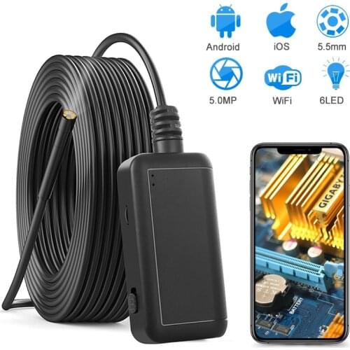 Wireless Endoscope 5MP HD IP67 WIFI Borescope 5.5mm Inspection Snake Camera with 6 Adjustable LEDs for iOS Android Smartphone