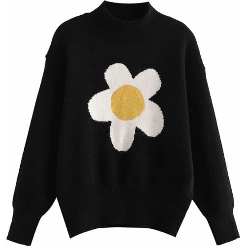 DYLQFS 2021 New Autumn Women Vintage Black Flowers Cute Sweater Girl Round Neck Sweet Streetwear Casual Pullover Chic Top