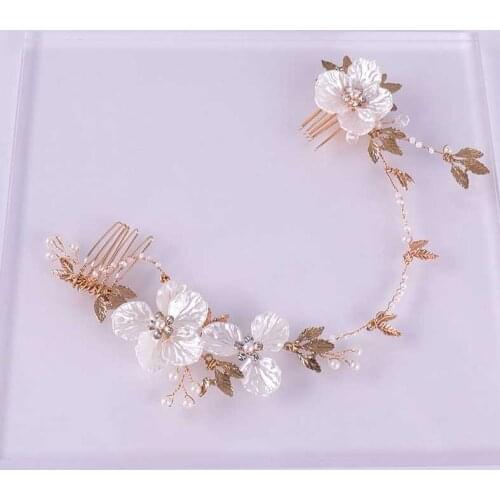 Elegant Gold Leaf Flower Bride Headbands Charm Pearl Rhinestone Hairband Hair Comb Tiaras Wedding Hair Jewelry Accessories SL