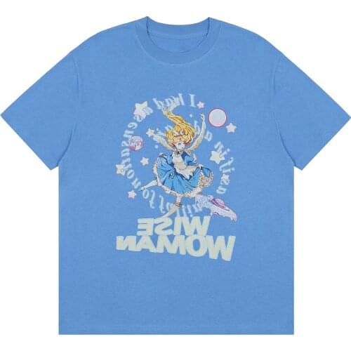 Cartoon Anime Girl Letter Print T-Shirt Women Men Unisex Tshirt Harajuku Loose Casual Short Sleeve Shirt Cotton Tees