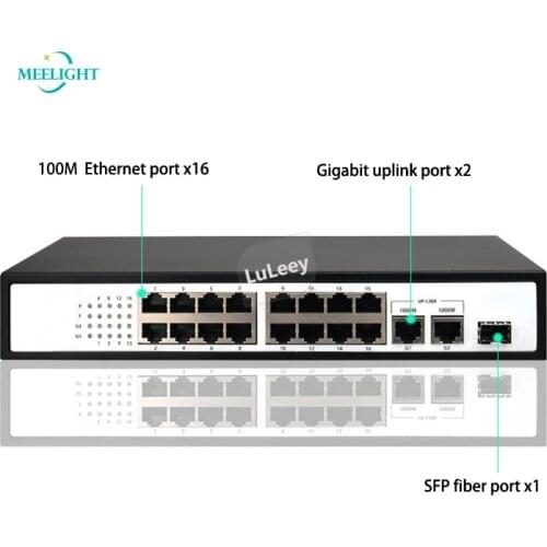 100M 16 port Poe power supply switch with 52V power supply, 2 Gigabit uplink ports, 1 optical fiber port , 19 port Poe switch