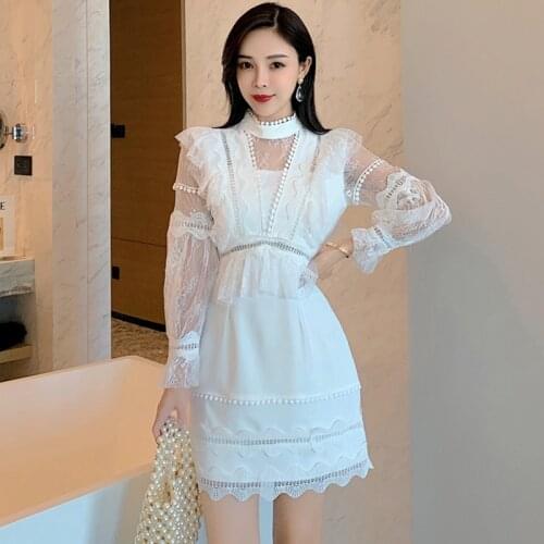 Stand Neck Lace White Dress Women Ruffles Spring Autumn Mini Dress Hollow Out High Waist Party Dress Straight Perspective B263