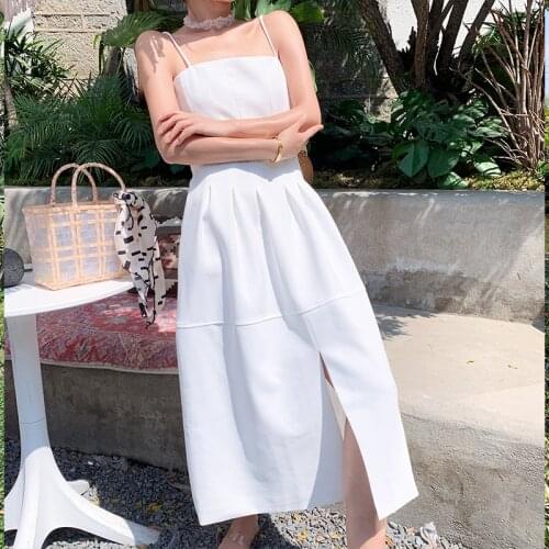 Summer Fashion Sexy Split fork Midi Dresses Sleeveless Holiday Spaghetti Strap Sundress white dress