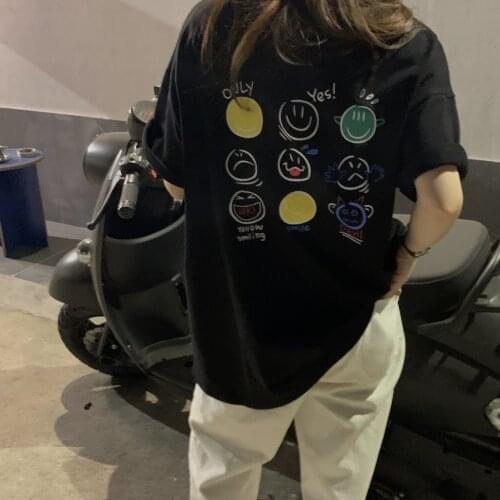 Summer new T-shirt smiley face printing all-match half-sleeved round neck loose mid-length T-shirt college style female