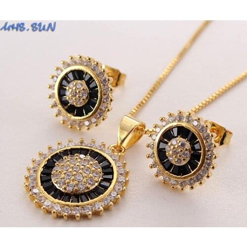 MHS.SUN Newest round zircon pendant necklace earrings for women jewelry set gold/silver color chain crystal necklace for party